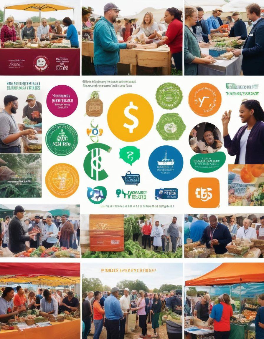 A vibrant collage showcasing diverse community events, such as a farmers market and a tech workshop, intermingled with corporate logos and sponsorship banners. Highlight engaged individuals of various backgrounds collaborating and networking, with symbols of funding like dollar signs and handshake icons subtly included. The atmosphere should radiate enthusiasm and connectivity. super-realistic. vibrant colors. dynamic composition.