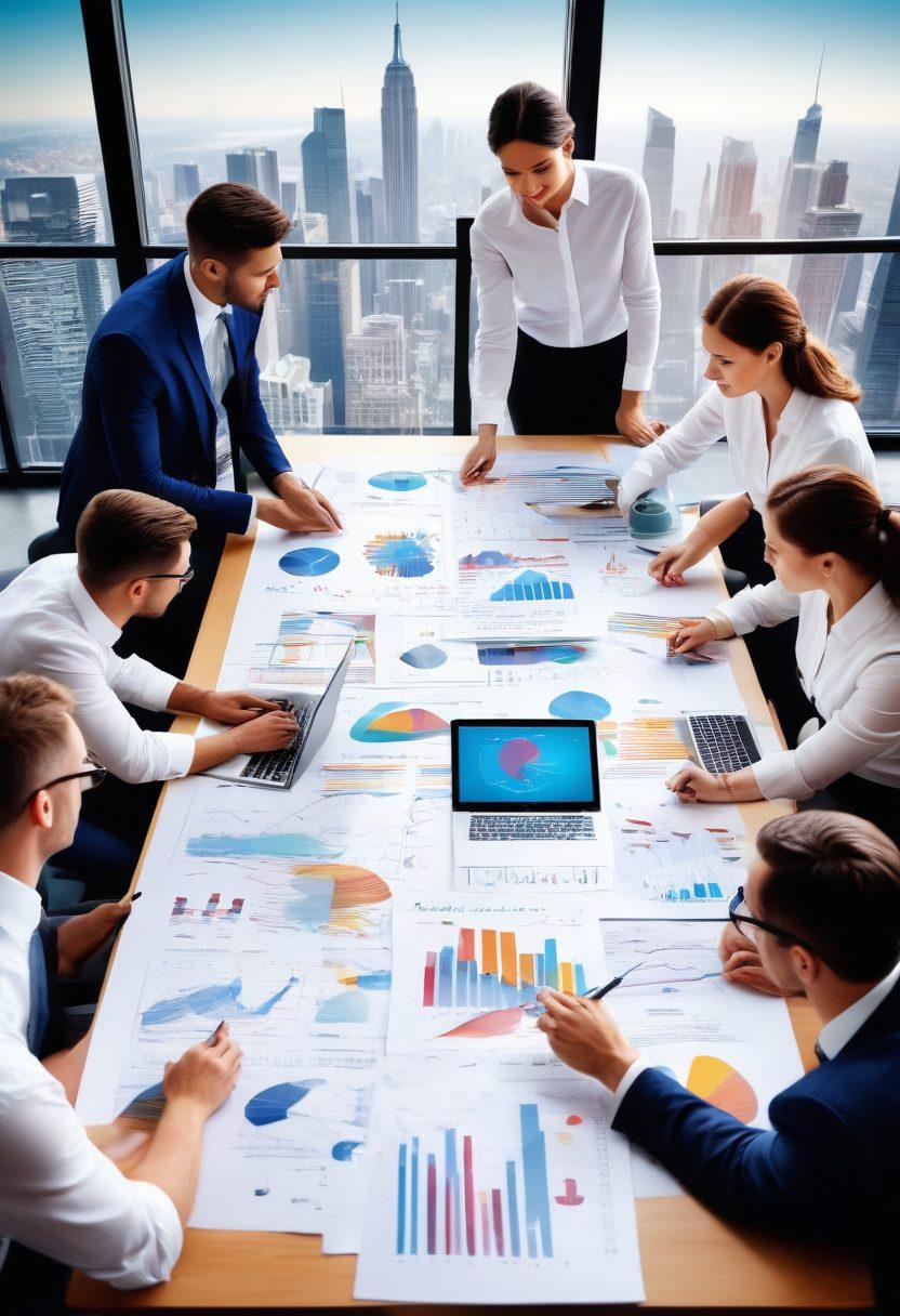 A dynamic scene depicting a diverse group of professionals brainstorming around a large table filled with charts, laptops, and creative ideas. Visual elements like lightbulbs and arrows symbolizing innovation and growth hover in the air. Include a backdrop of a city skyline to represent opportunity. The atmosphere should be energetic and collaborative, filled with vibrant colors to convey positivity and enthusiasm. digital art. vibrant colors. modern style.