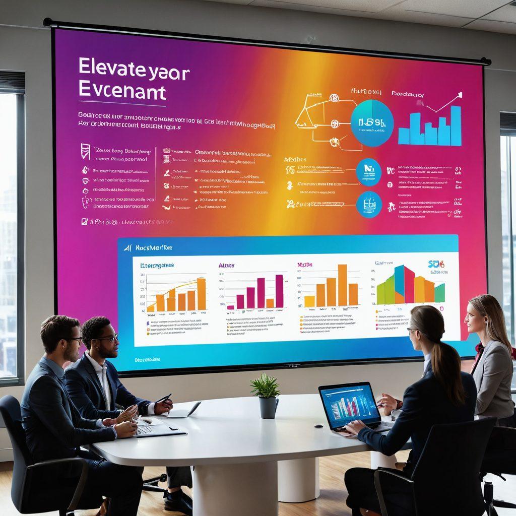 A dynamic scene showcasing a group of diverse professionals collaborating around a polished conference table, with charts and graphs illustrating sponsorship strategies on digital screens. In the background, a large banner reads 'Elevate Your Events' with vibrant colors, while a spotlight beams down creatively highlighting their winning proposal. Energetic ambiance with brainstorming notes on the table. super-realistic. vibrant colors. modern office setting.